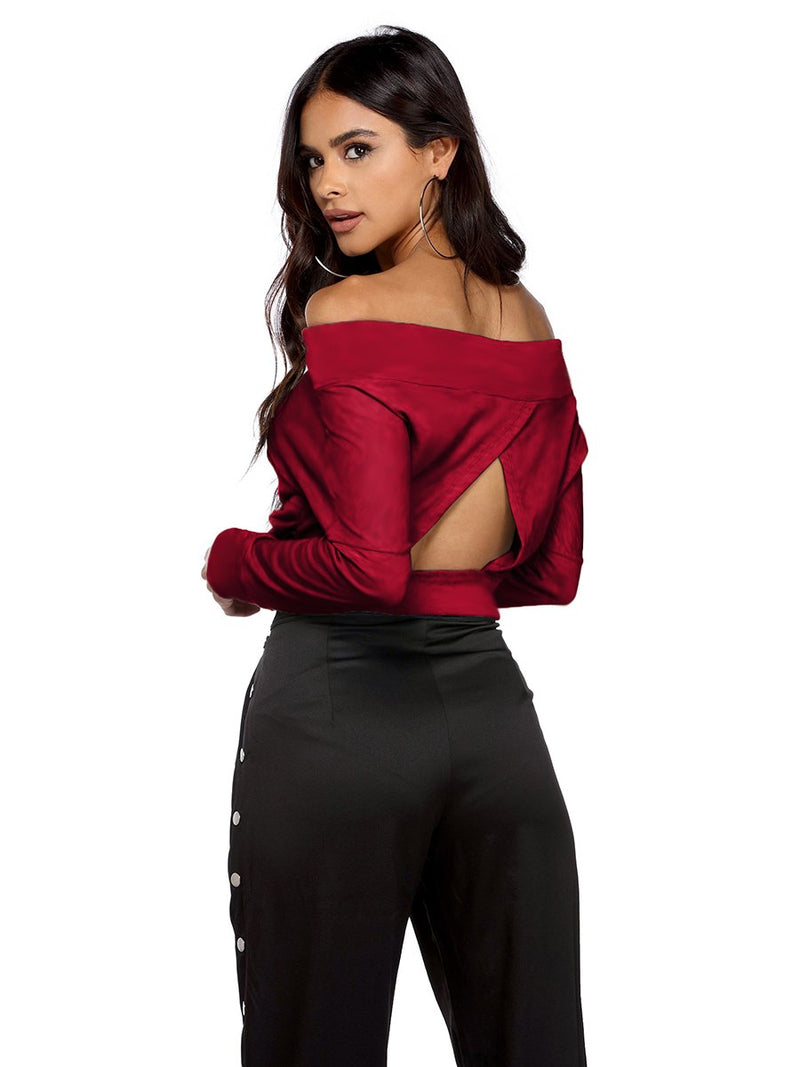 Red Half Sleeve Plain Sexy Off Shoulder Top