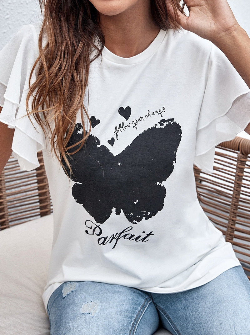 Women's T-Shirts Butterfly Print Crew Neck Ruffle T-Shirt