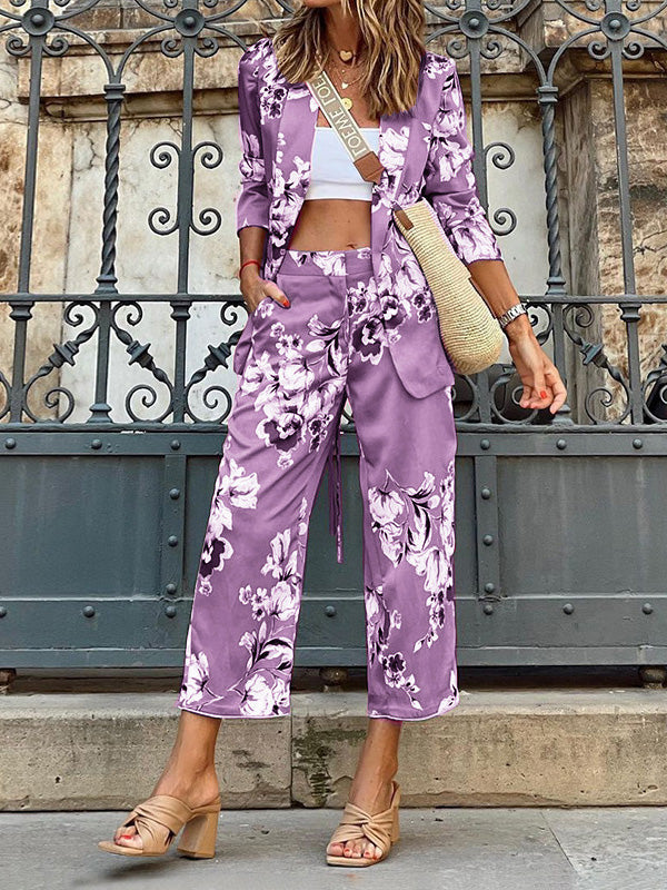 Women's Sets Printed 3/4 Sleeve Blazers & 9/10 Pants Two-Piece Set