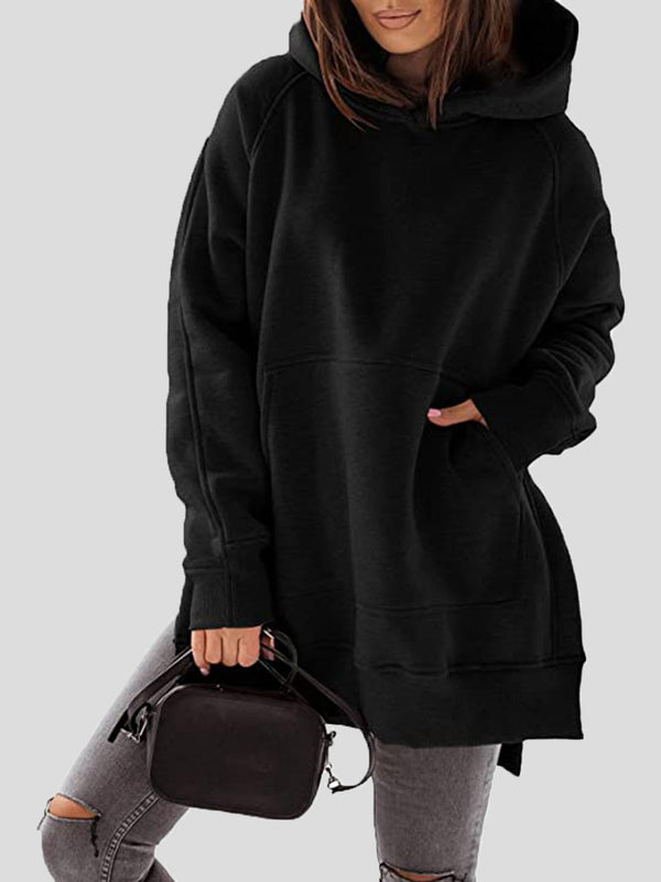 Women's Hoodies Solid Pocket Slit Long Sleeve Hoody