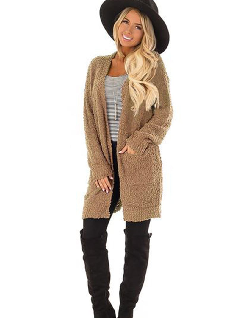 Open Front Large Pockets Long Sleeves Cardigan