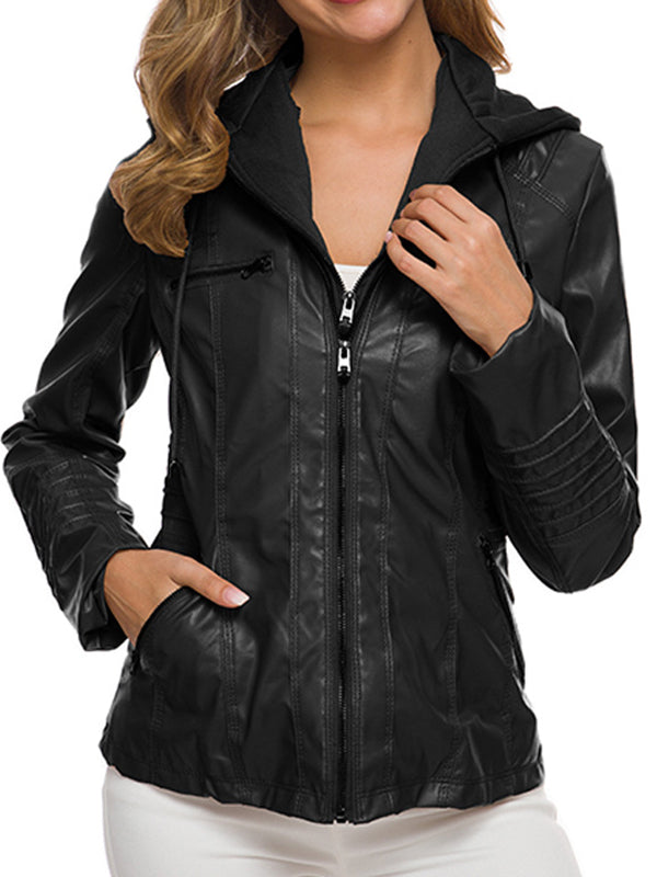 Women's Jackets Detachable Hooded PU Leather Jacket