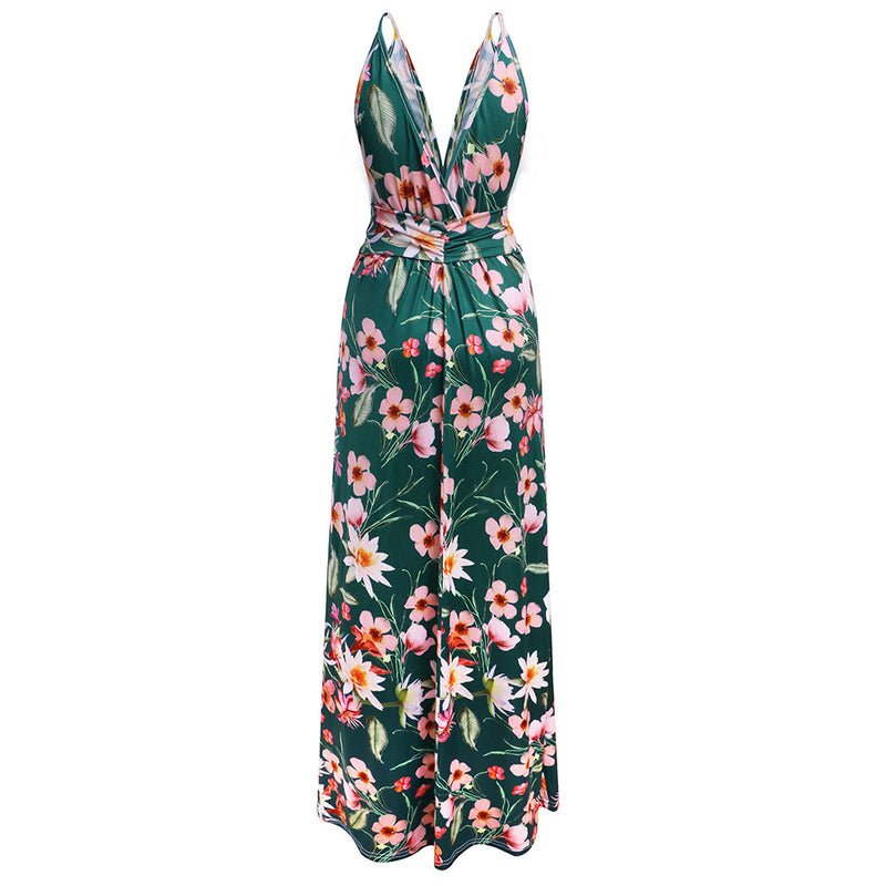 Deep V-Neck Floral Print Maxi Dress