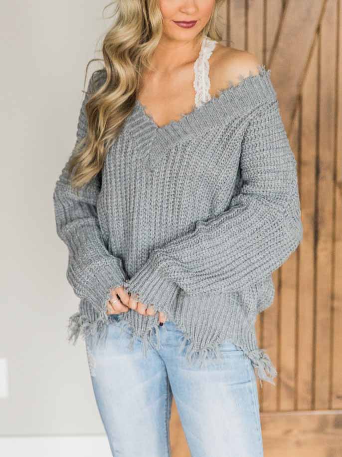 Casual V-Neck Long Sleeve Loose Knitted Sweatshirt