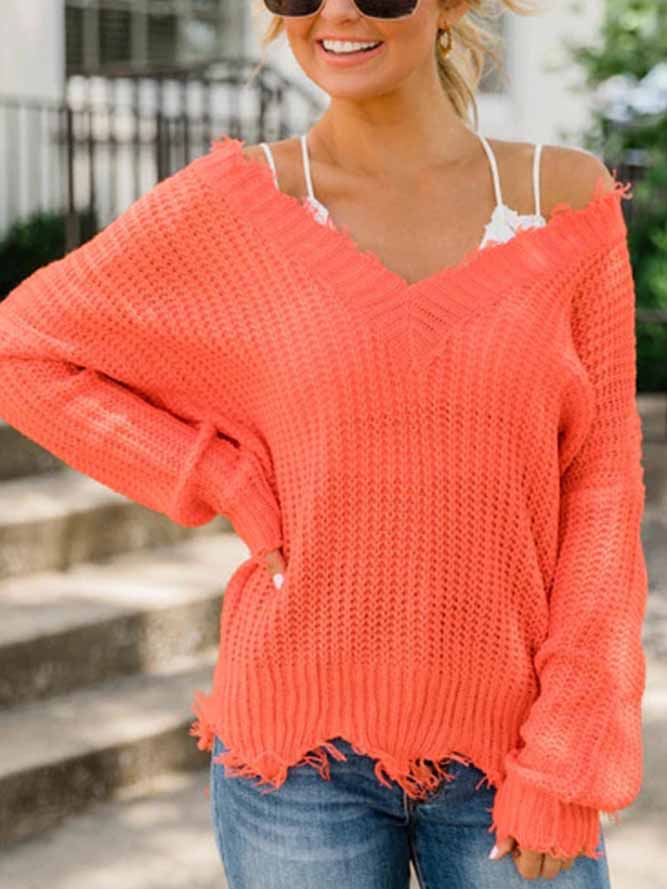 Casual V-Neck Long Sleeve Loose Knitted Sweatshirt