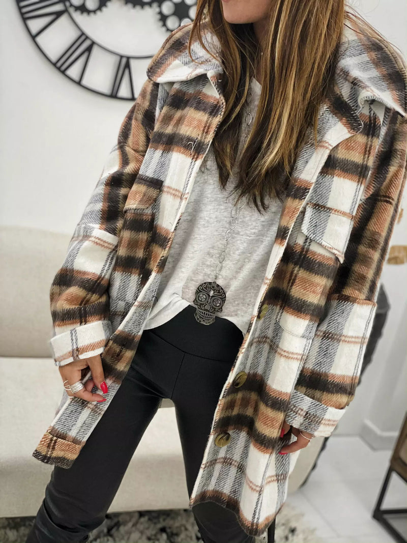 Plaid Long Sleeve Button Down Collar Shirt Coat with Pockets