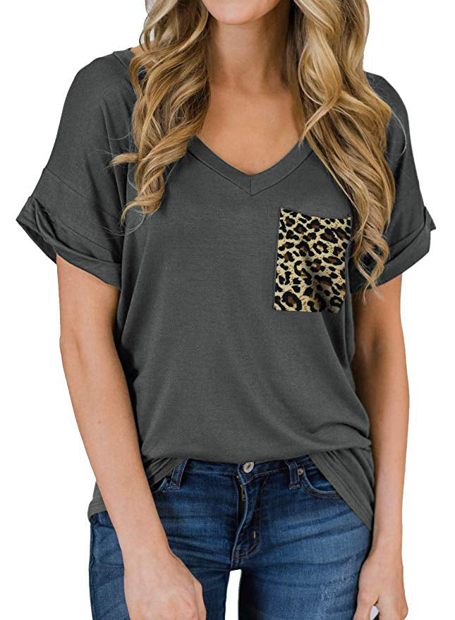Short Sleeve V Neck Leopard Pocket T-Shirt