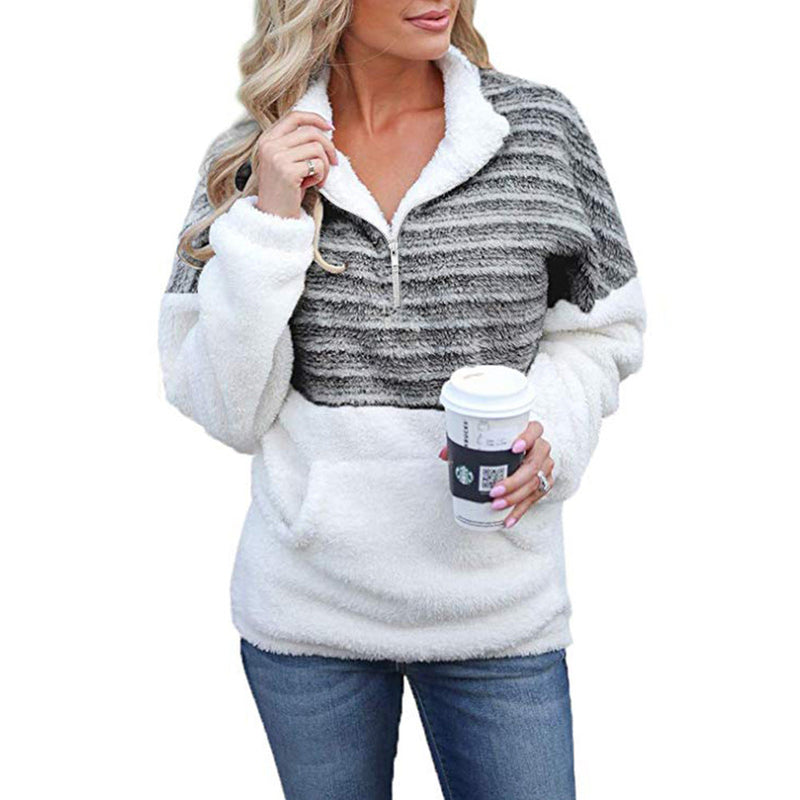 Fashion V- Neck Bend Down Collar Long Sleeve Quater Zip PullOver