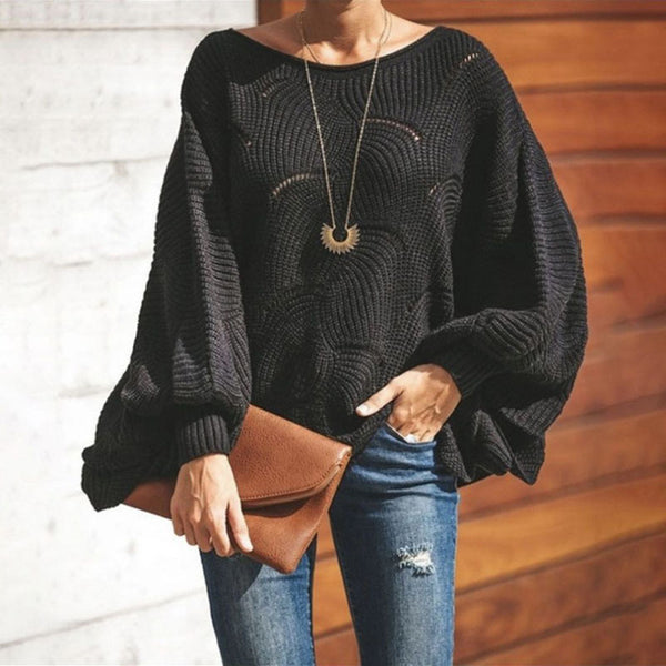 Round Neck Long Puff Sleeve Loose Knitted Blouse