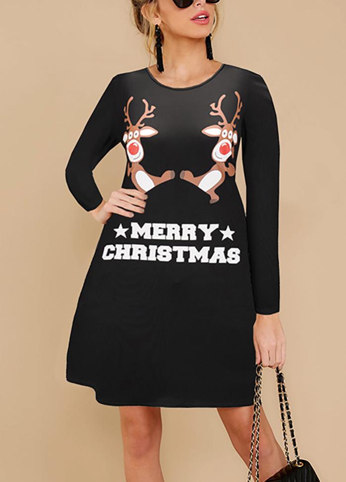 Christmas Casual Long Sleeve Printed Dresses