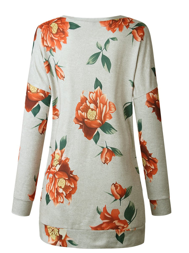 Floral Printed V-neck Long Sleeves Side Slit Pullover Top