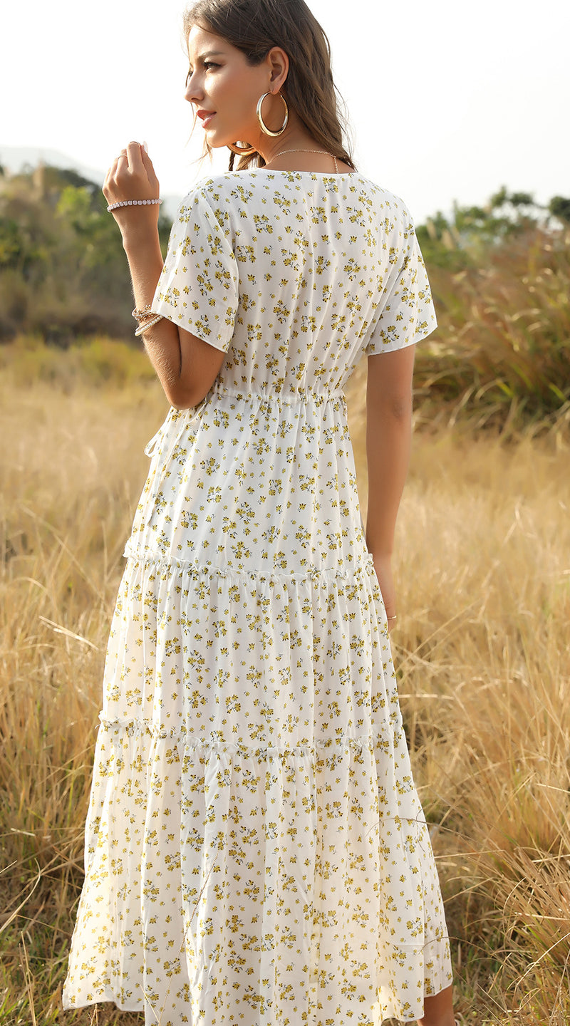 Summer Floral Print Ruffles Boho Maxi Dress