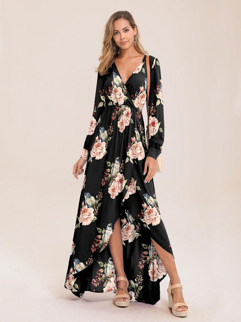 Surplice Neck Pleated Floral Print Dress