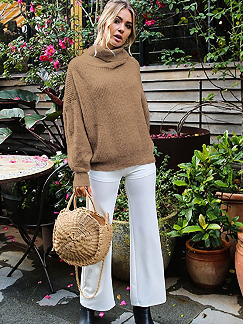 Rolled Neckline Ribbed Cuff Knitted Sweater