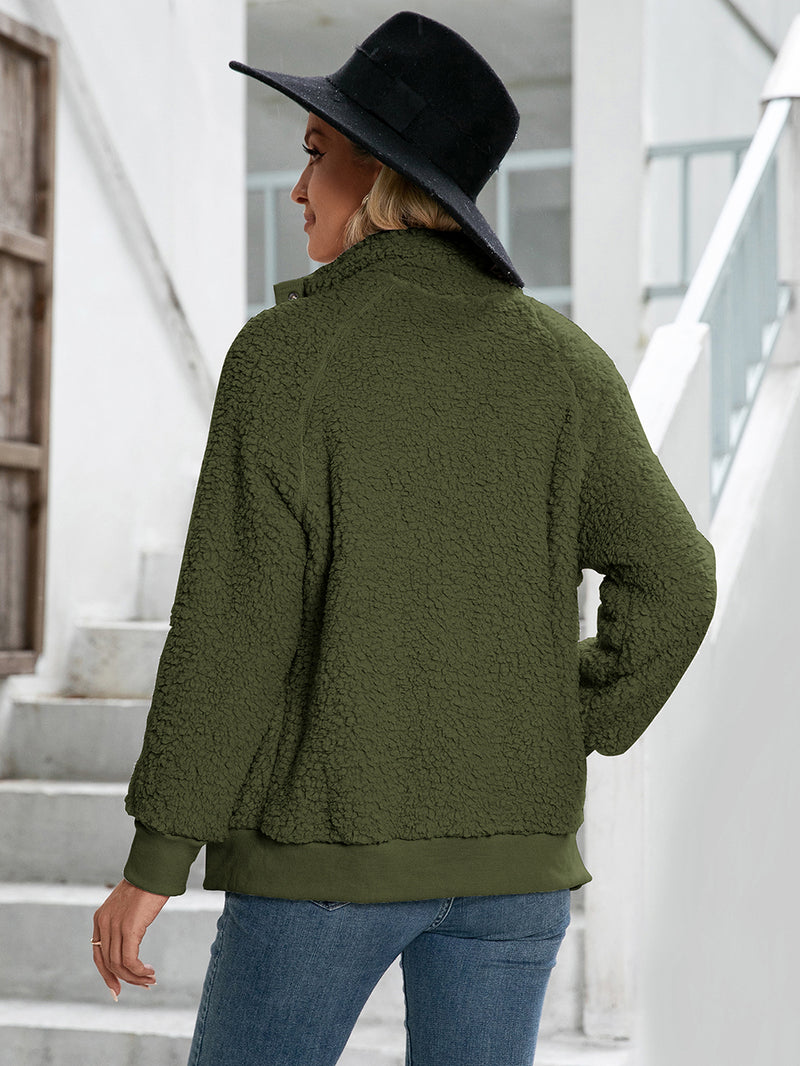 Turtle Neck Long Sleeve Button Down Fleece Sweater Coat