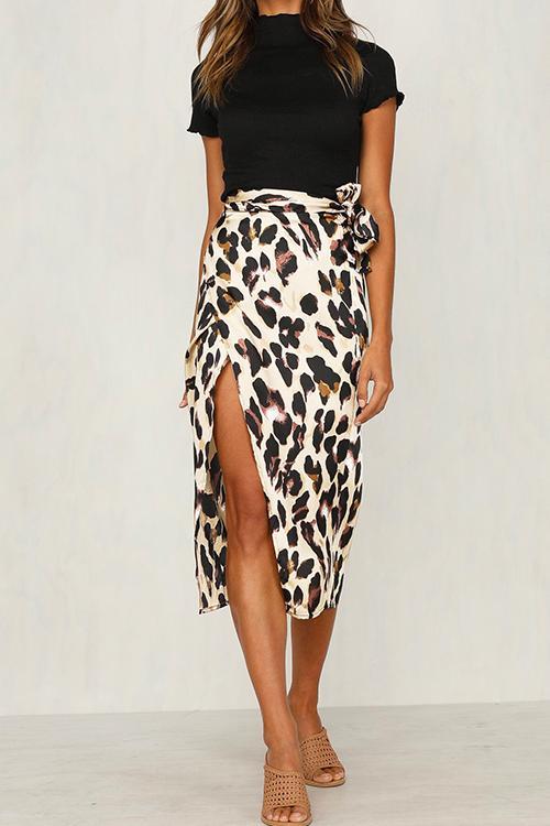 Wrapped Tie Waist Split Leopard Skirt