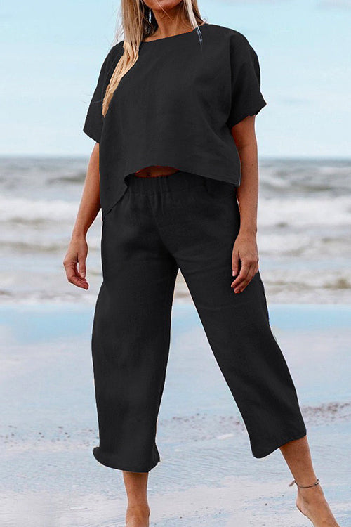 Solid Short Sleeve Pullover Top Elastic Waist Cropped Pants Set