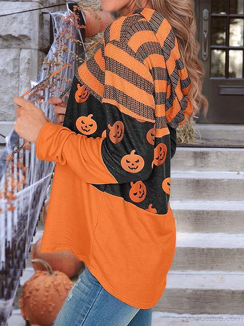 Halloween Pumpkin Stripes Print Drawsrting Hoodie