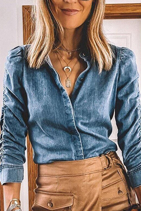 Fashion Street Solid Turndown Collar Long Sleeve Regular Denim