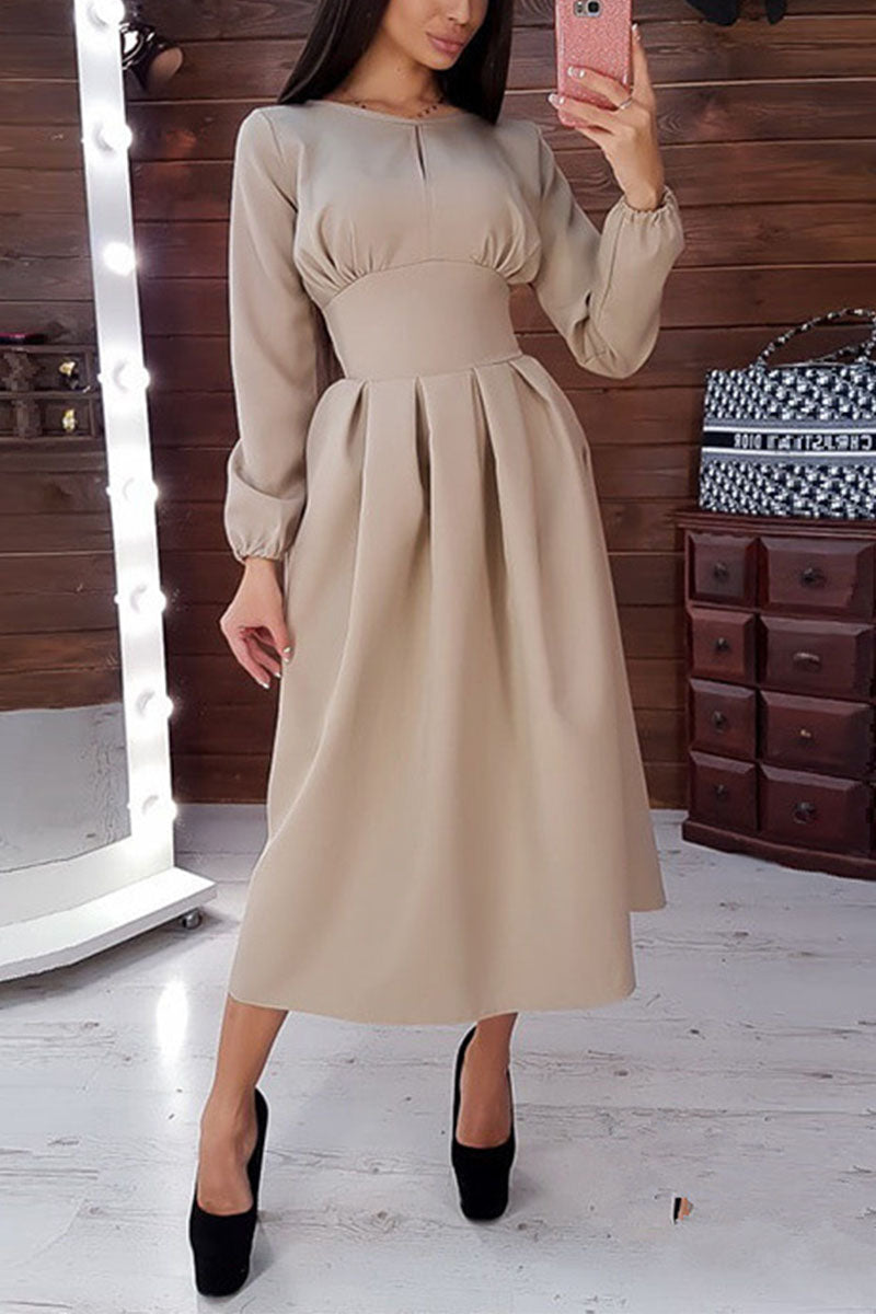 Elegant Solid Patchwork O Neck Waist Skirt Dresses(4 colors)