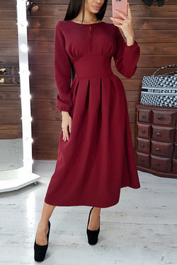 Elegant Solid Patchwork O Neck Waist Skirt Dresses(4 colors)