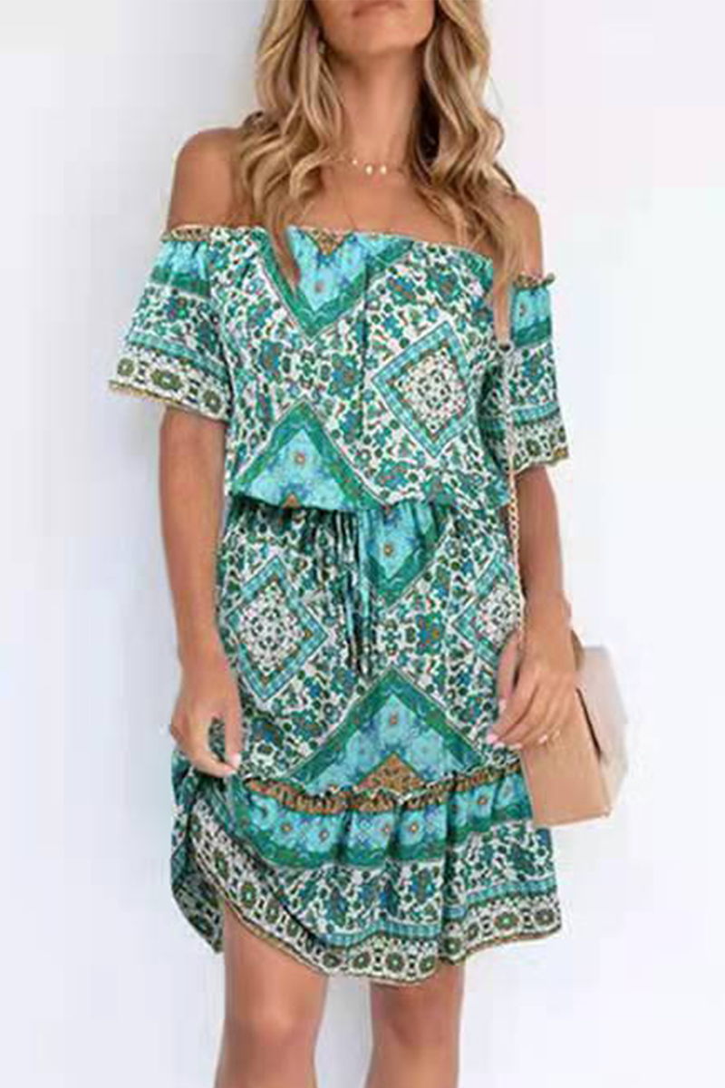 Bohemian Print Split Joint Off the Shoulder A Line Dresses