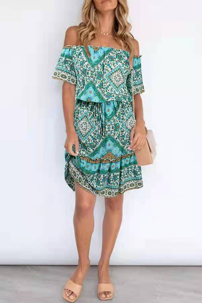 Bohemian Print Split Joint Off the Shoulder A Line Dresses