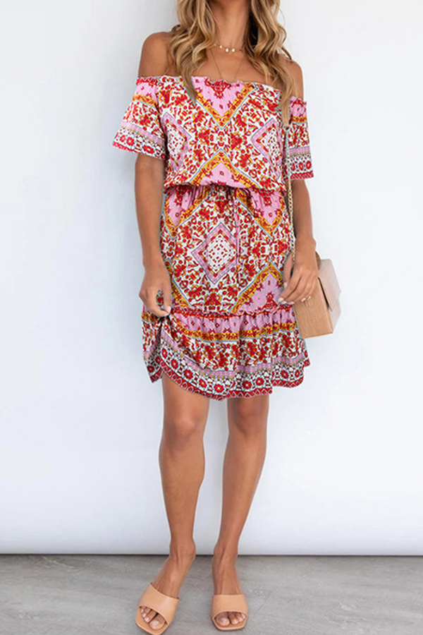 Bohemian Print Split Joint Off the Shoulder A Line Dresses