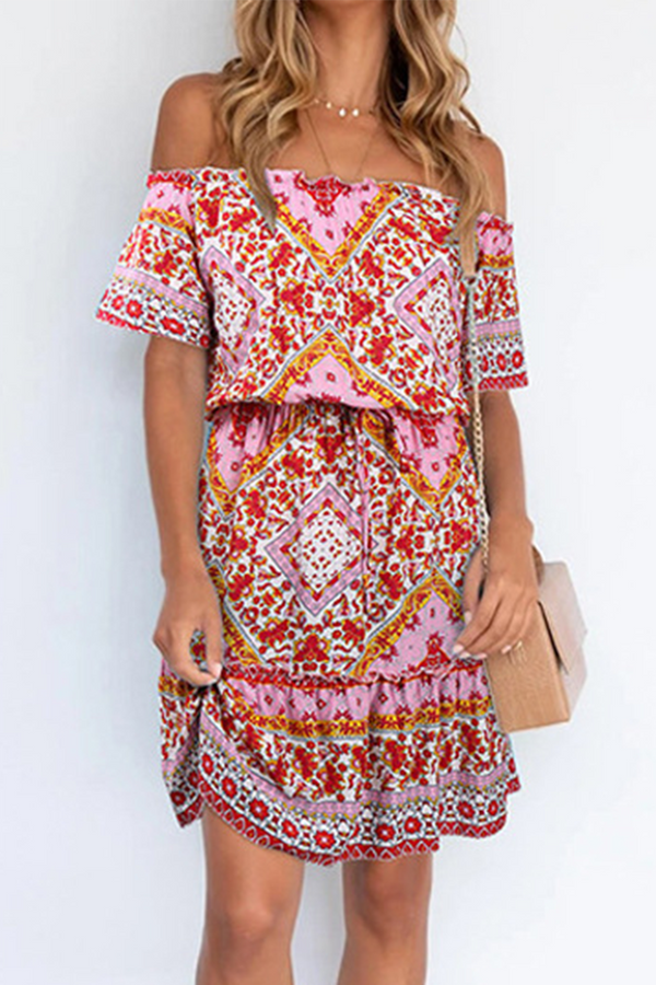 Bohemian Print Split Joint Off the Shoulder A Line Dresses