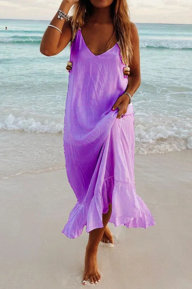 Fashion Simplicity Solid Patchwork V Neck Beach Dresses