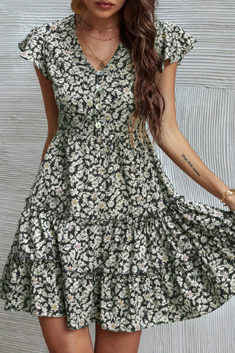 Fashion Elegant Floral Buckle Flounce V Neck A Line Dresses