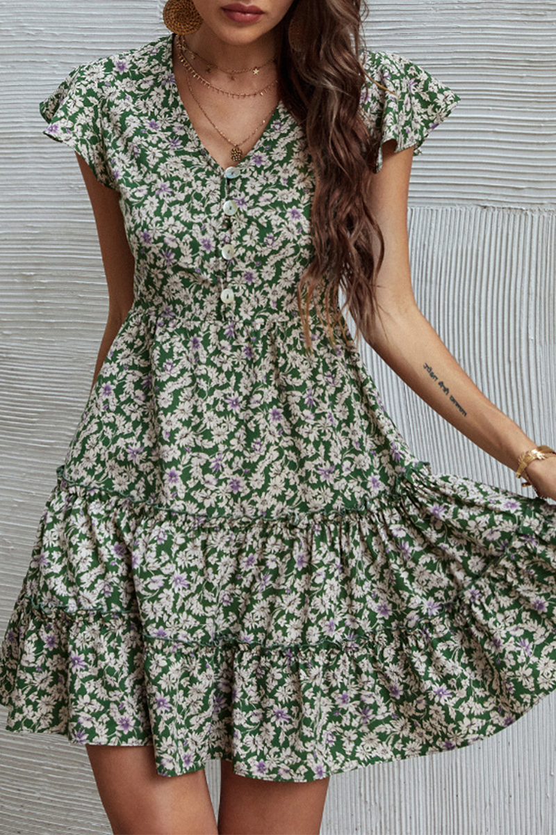 Fashion Elegant Floral Buckle Flounce V Neck A Line Dresses