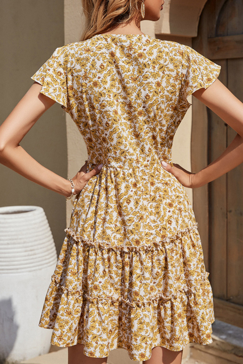 Fashion Elegant Floral Buckle Flounce V Neck A Line Dresses