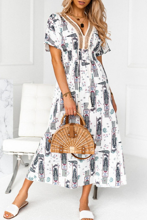 Fashion Elegant Print Tassel Split Joint V Neck A Line Dresses