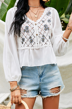 Casual Embroidery Lace Buttons V Neck Tops