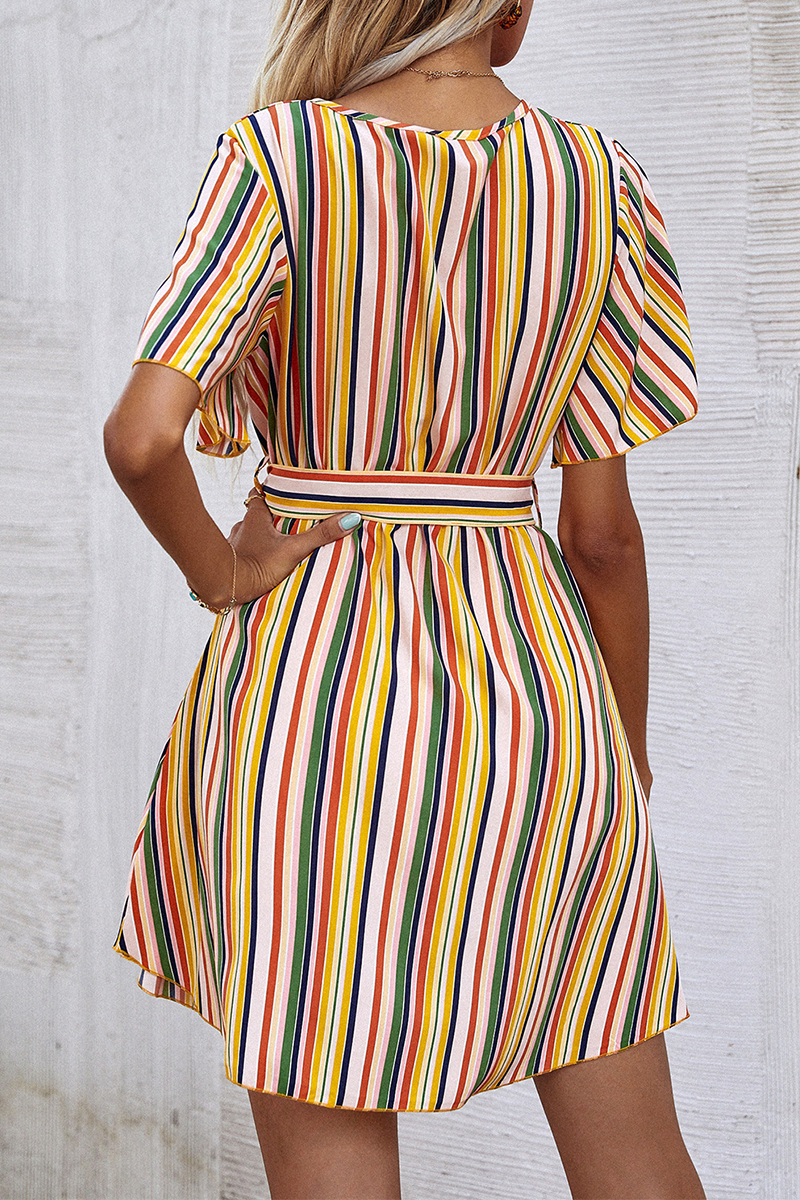 Fashion Elegant Striped With Belt V Neck A Line Dresses