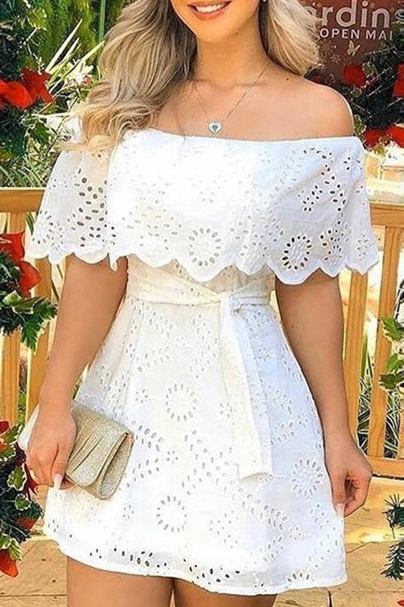 Fashion Elegant Solid Embroidered Hollowed Out Strap Design Off the Shoulder Waist Skirt Dresses