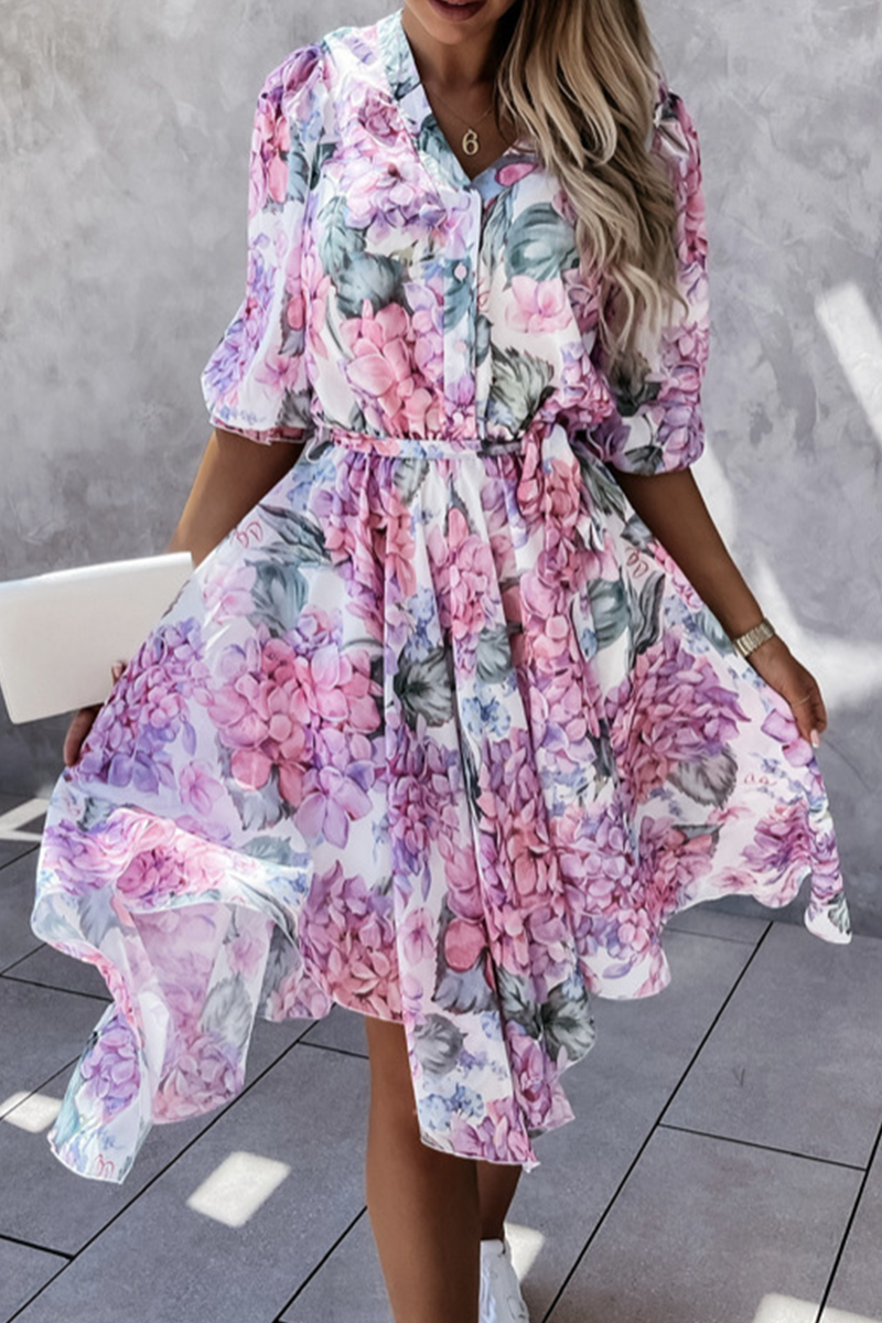 Fashion Elegant Floral Buckle With Belt V Neck Irregular Dress Dresses