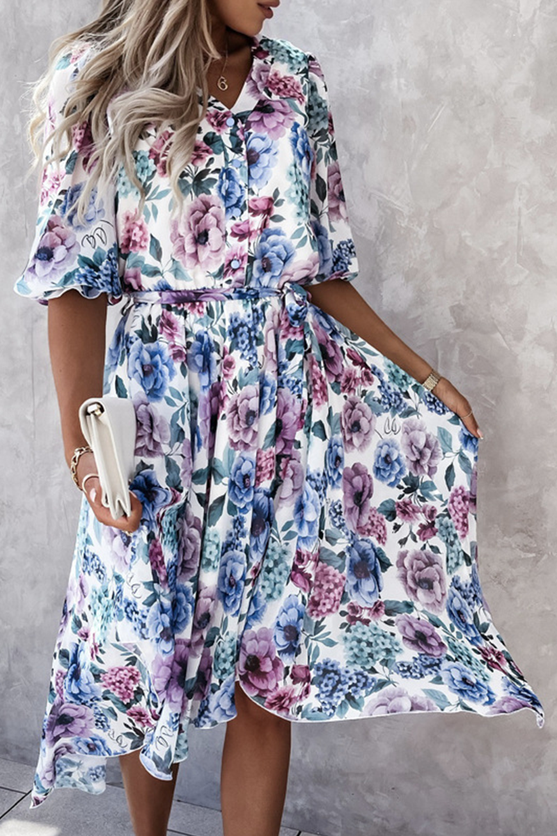 Fashion Elegant Floral Buckle With Belt V Neck Irregular Dress Dresses