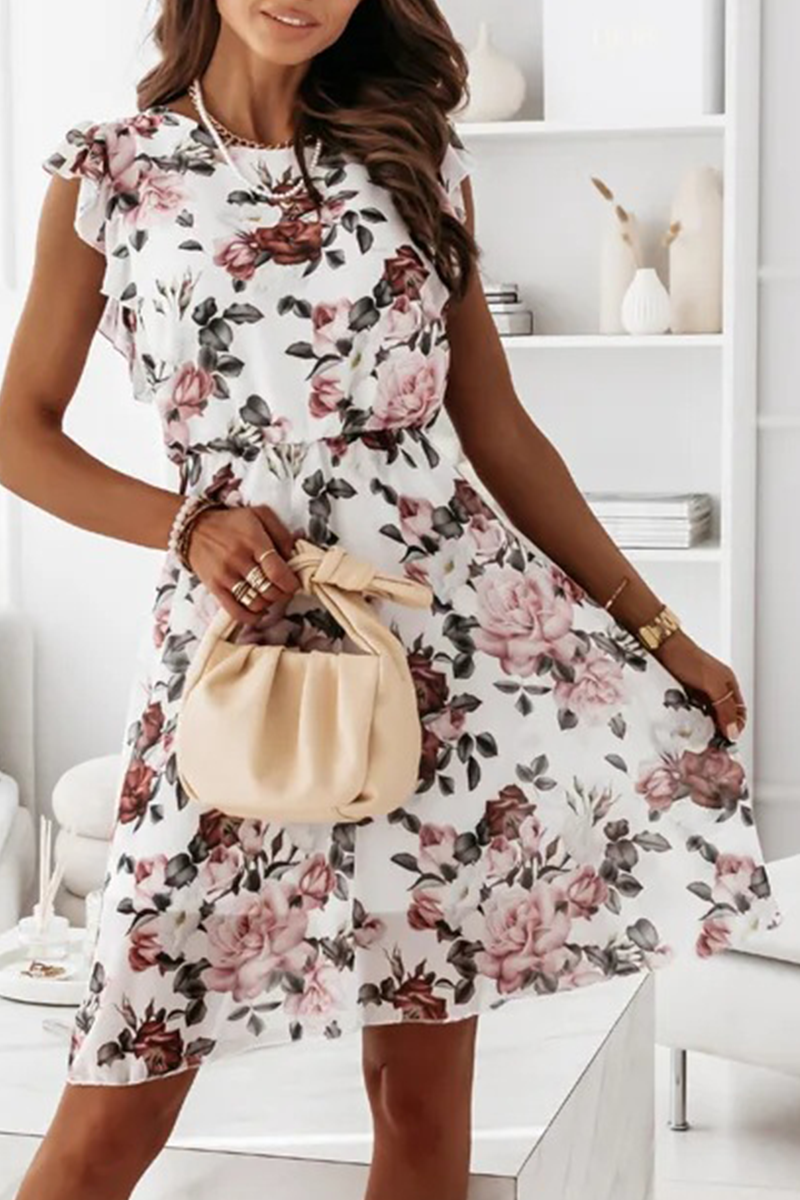 Fashion Elegant Floral Flounce O Neck A Line Midi Dresses