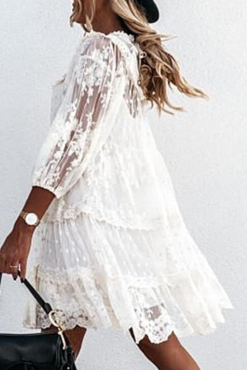 Fashion Elegant Solid Lace Patchwork O Neck A Line Dresses