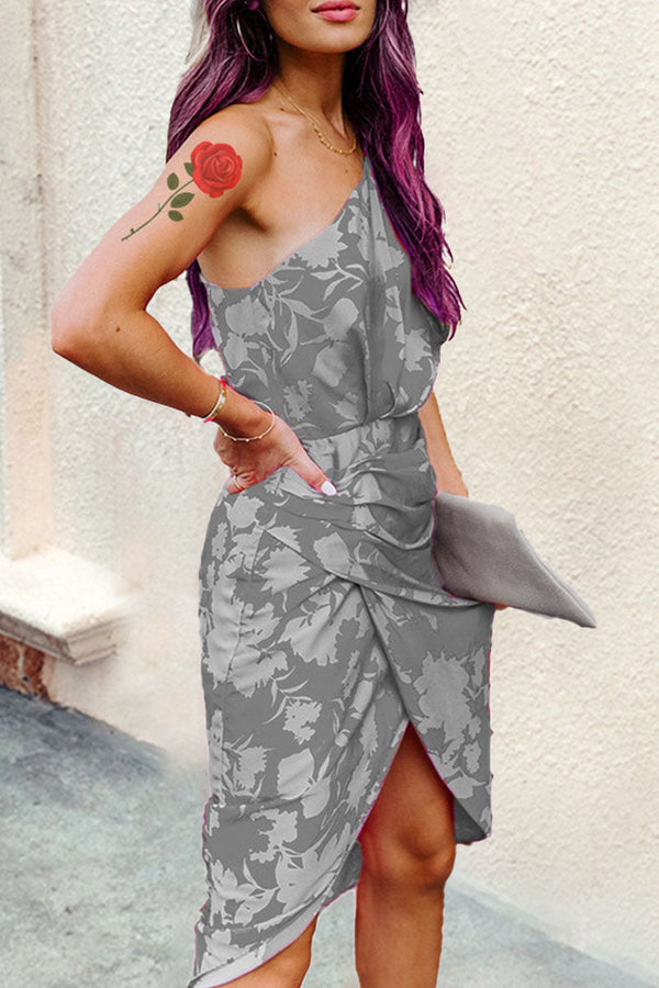 Fashion Street Print Patchwork One Shoulder Irregular Dresses(3 Colors)