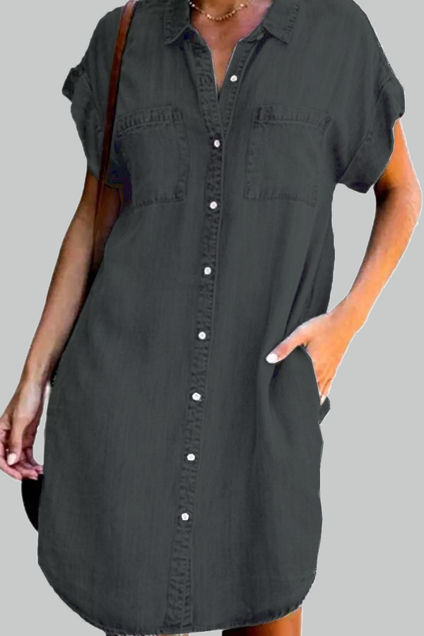 Fashion Street Solid Pocket Buckle Shirt Collar A Line Dresses(3 Colors)