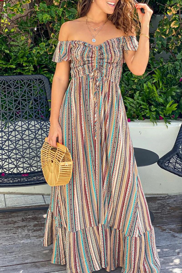 Bohemian Striped Split Joint Flounce Off the Shoulder A Line Dresses