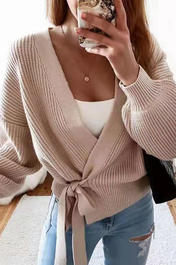 Casual Solid Strap Design V Neck Tops Sweater(4 Colors)