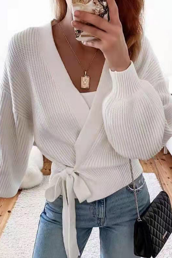 Casual Solid Strap Design V Neck Tops Sweater(4 Colors)