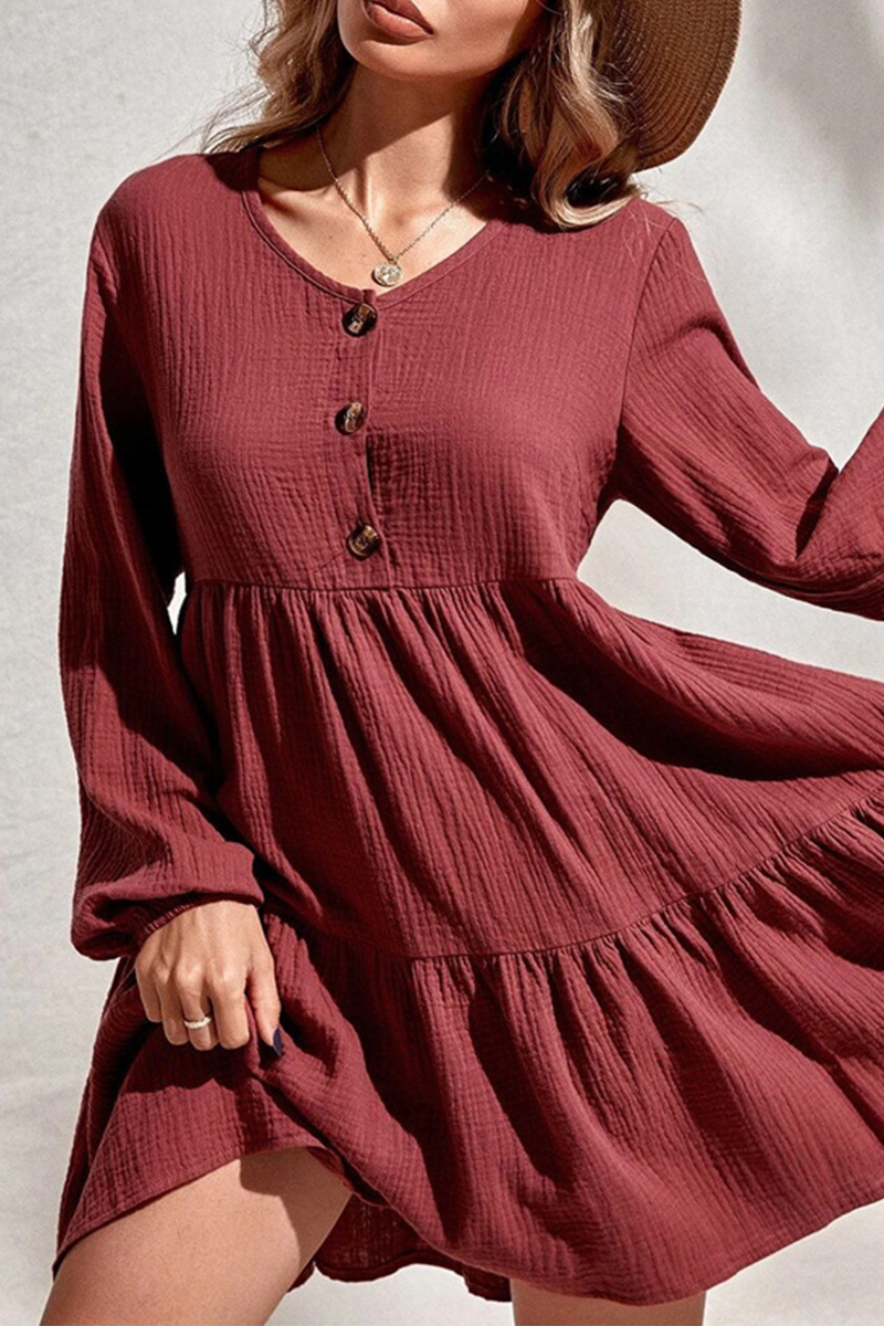 Casual Elegant Solid Buckle Flounce V Neck A Line Dresses