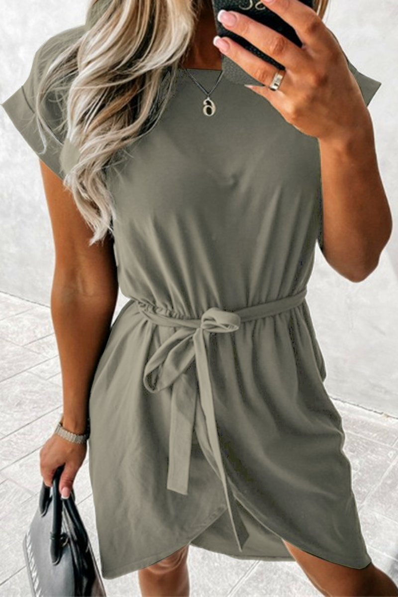 Casual Solid Patchwork With Belt O Neck A Line Dresses