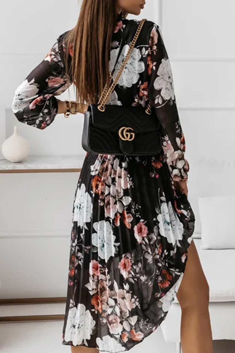 Floral Fold With Belt Ribbon Collar Pleated Dresses