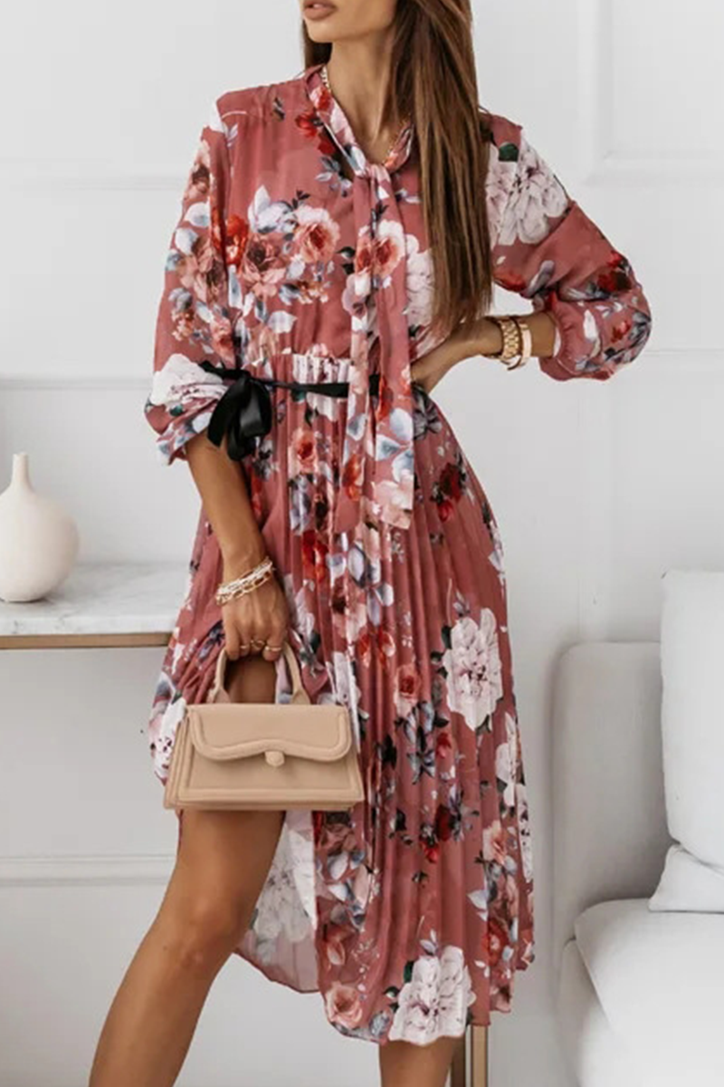 Floral Fold With Belt Ribbon Collar Pleated Dresses